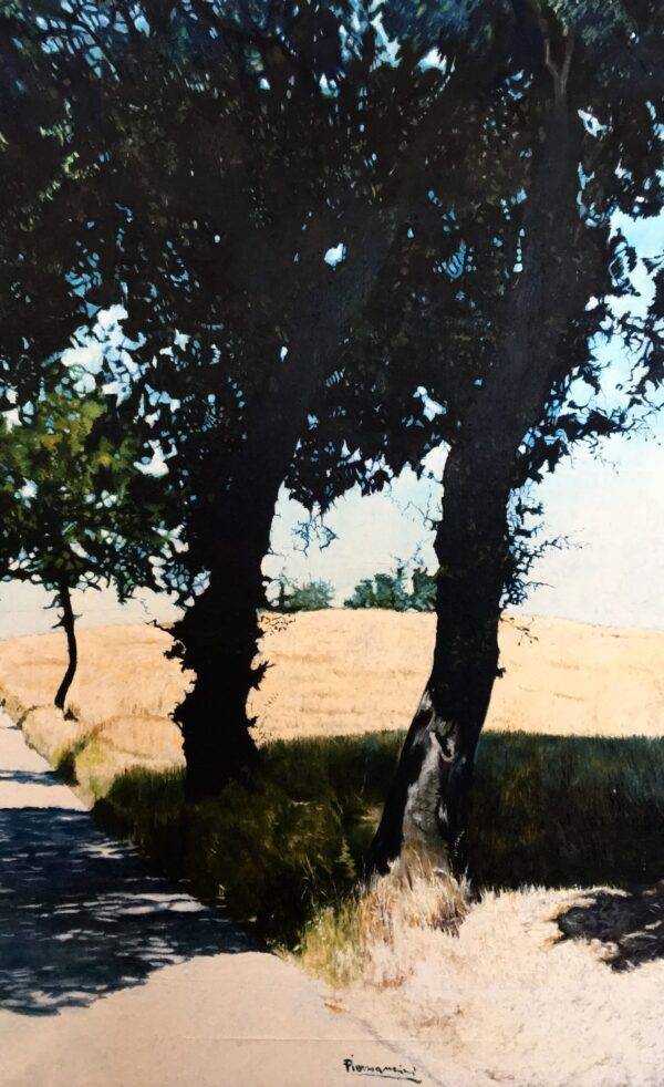 Alberi in controluce, olio su tela e carta di Piermancini, 1999