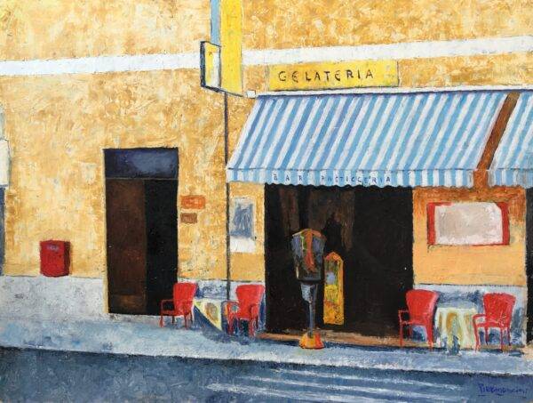 Bar con tenda a righe, olio su tela e carta, 2006