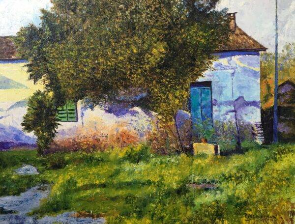 Casolare tra gli alberi, olio su tela e carta di Piermancini, 2005