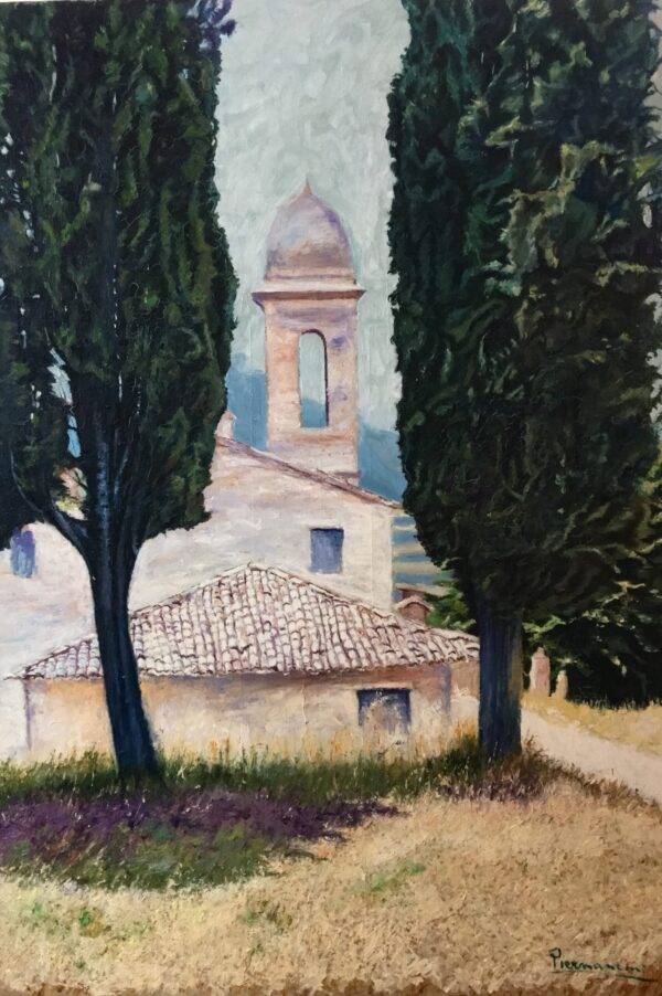 Chiesa di campagna, olio su tela e carta di Piermancini, 1996