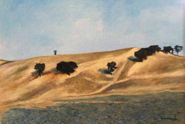 Colline con alberi, olio su tela e carta di Piermancini, 1998