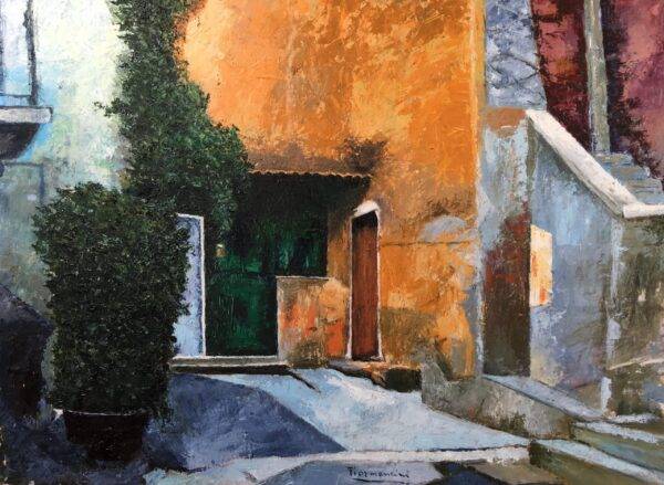 Cortile 2, olio su tela e carta di Piermancini, 2011