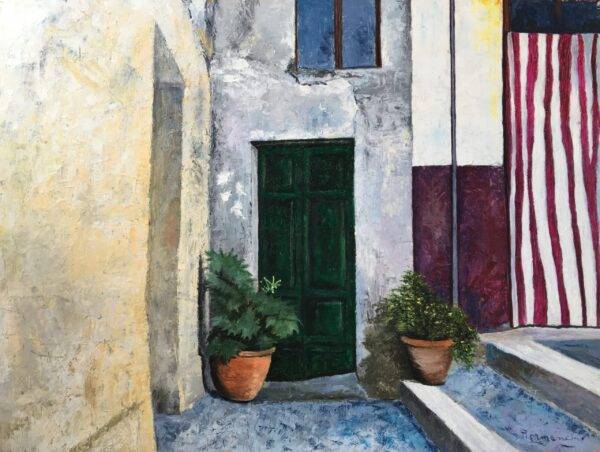 Cortile e portone verde, olio su tela e carta di Piermancini, 2010