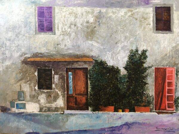 Facciata con finestra viola, olio su tela e carta di Piermancini, 2010