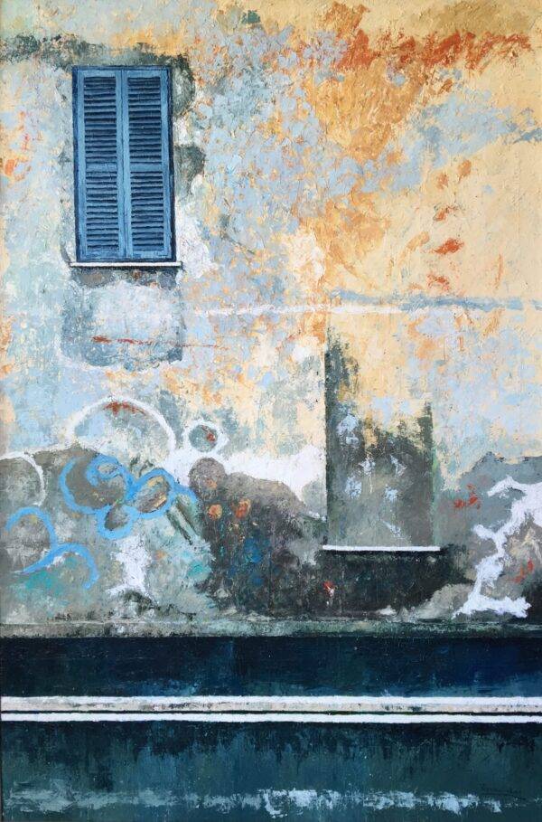 Facciata e finestra blu, olio su tela e carta di Piermancini, 2005