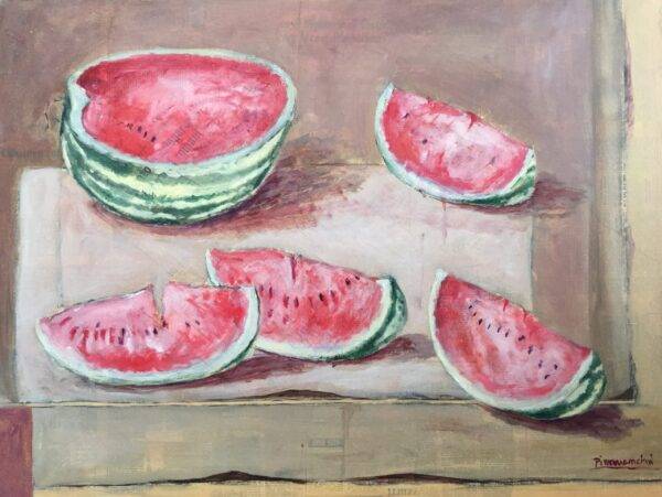 Fette di cocomero, olio su tela e carta di Piermancini, 1979