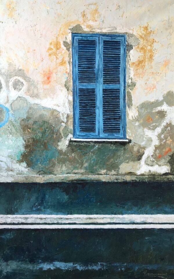 Finestra blu, olio su tela e carta di Piermancini, 2005