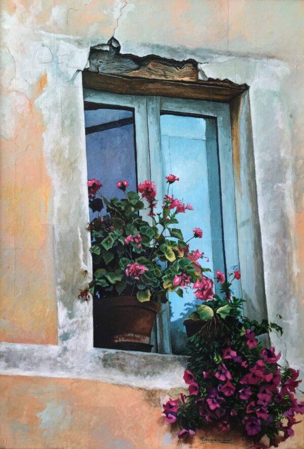 Finestra fiorita, olio su tela e carta, 1999