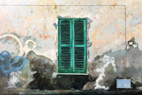 Finestra verde, olio su tela e carta di Piermancini, 2005