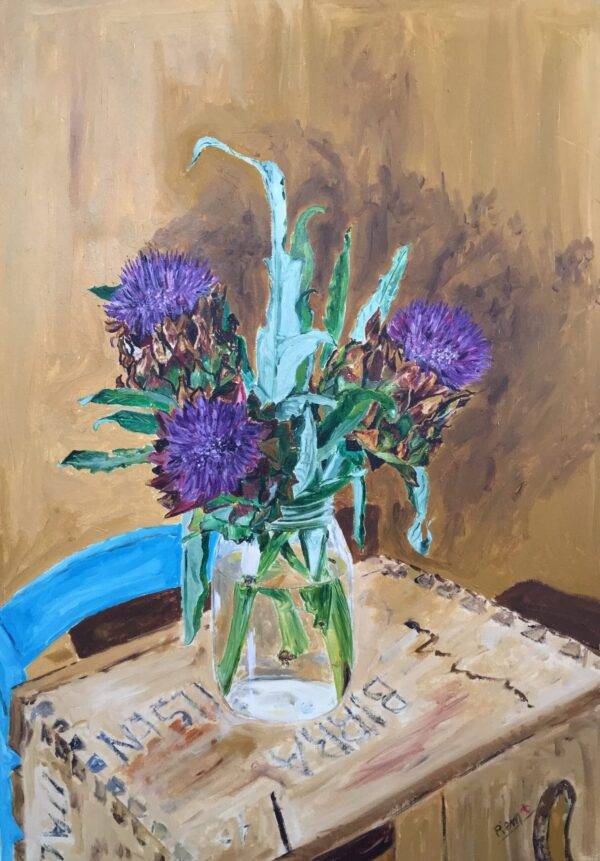 Fiori di carciofo, olio su tela e carta di Piermancini, 1982