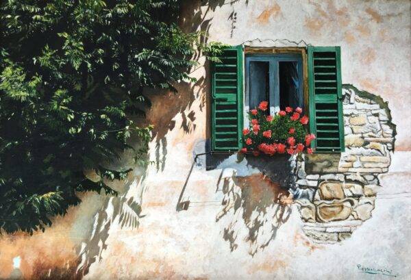 Gerani alla finestra, olio su tela e carta di Piermancini, 1998