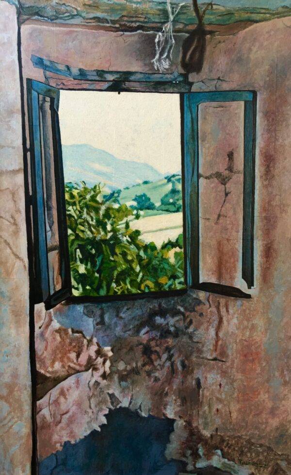 Interno rosa e finestra, olio su tela e carta di Piermancini, 1998