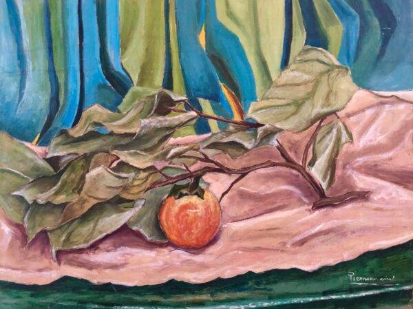 Natura con kaki, olio su tela e carta di Piermancini, 1986