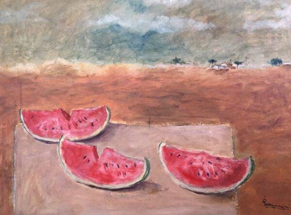 Natura in rosso, olio su tela e carta di Piermancini, 1979