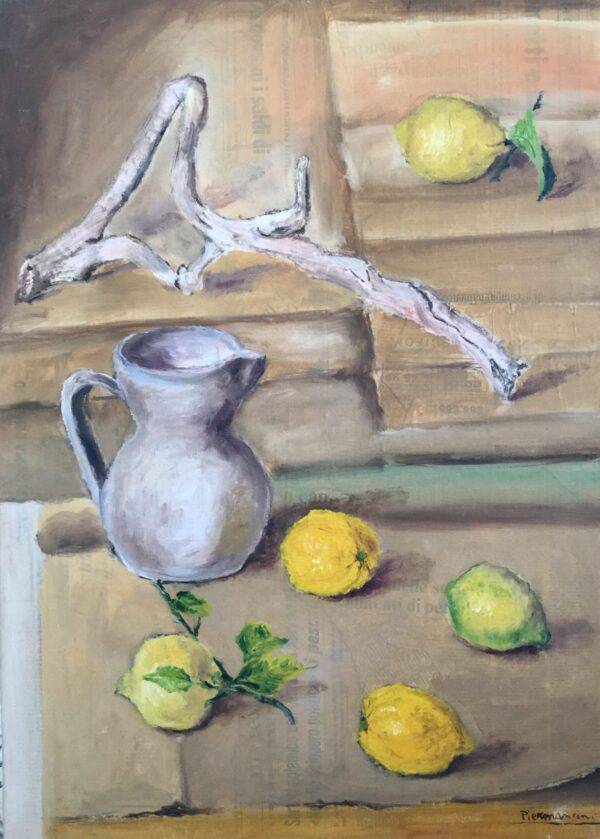 Natura morta con limoni, olio su tela e carta di Piermancini, 1977