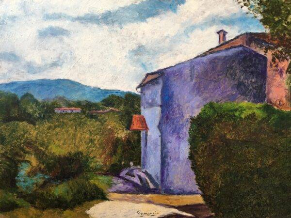 Paesaggio con casa azzurra, olio su tela e carta di Piermancini, 2006