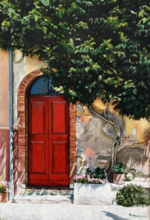 Portone rosse, olio su tela e carta di Piermancini, 1999