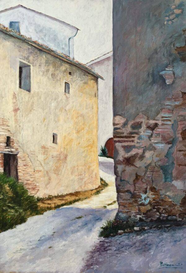 Scorcio di paese 1, olio su tela e carta di Piermancini, 1995