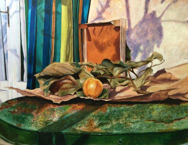 Tavolo in giardino, olio su tela e carta di Piermancini, 1979