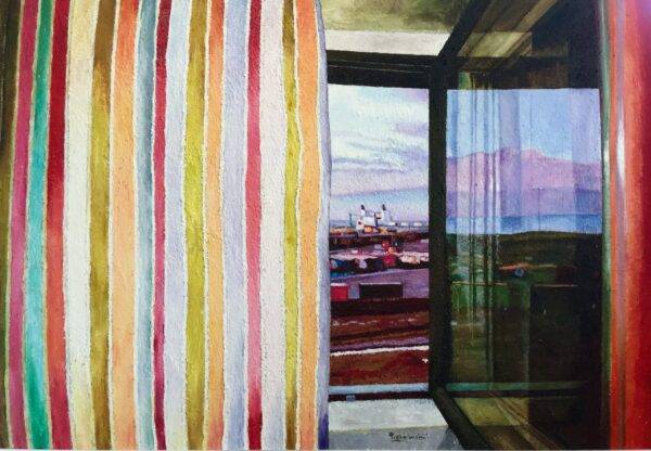 Tenda a righe, olio su tela e carta di Piermancini, 2011